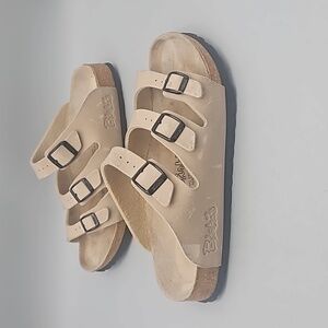 Birkenstock Birko Flor Tan Slide Buckle 3 Strap Florida Sandals 37